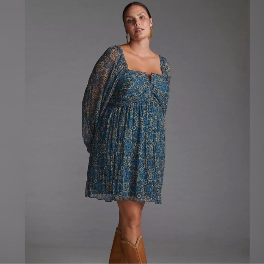 Let Me Be Anthropologie Babydoll Mini Dress Womens XL Blue Print